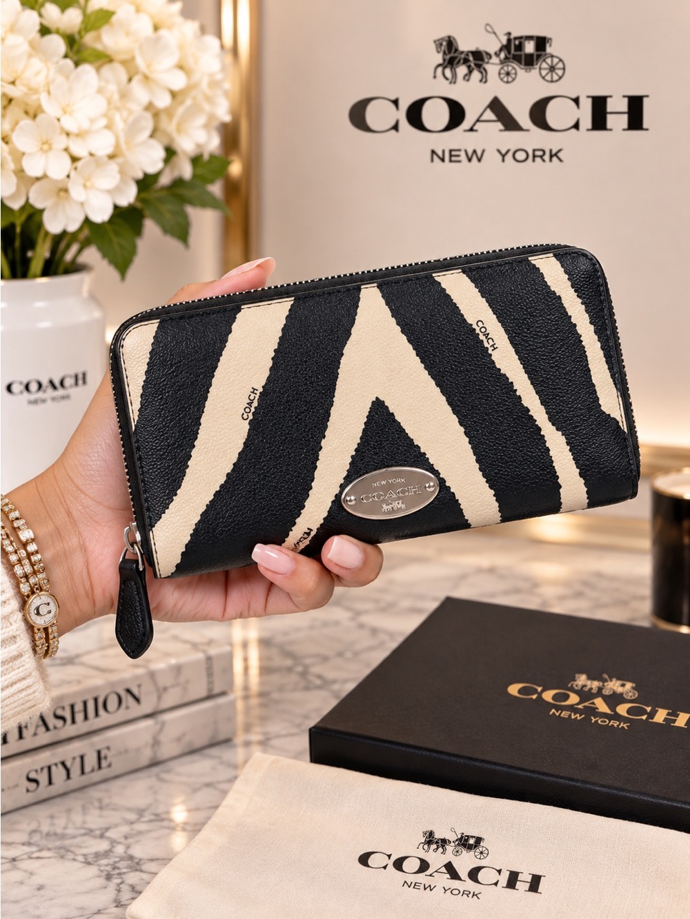 Coach Animal Print Zip-Around Wallet – Black & Cream Zebra 🖤